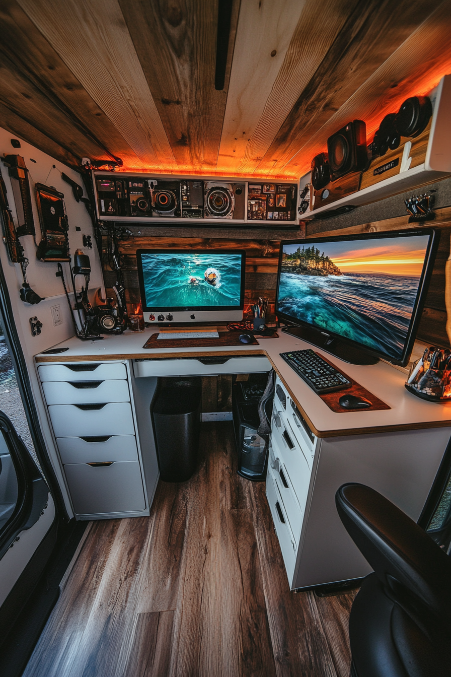 Van setup. Desaturated jade sea glide window decal, sunset-toned fasten tech cabinet, white driftwood panorama desk.