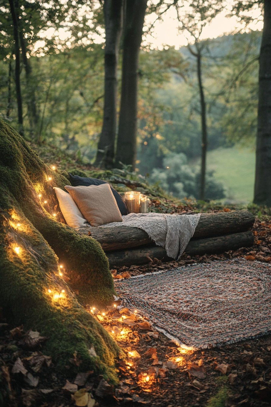Woodland camping space. Fairy-light canopy over a mossy log seating caught in dawn sunlight.