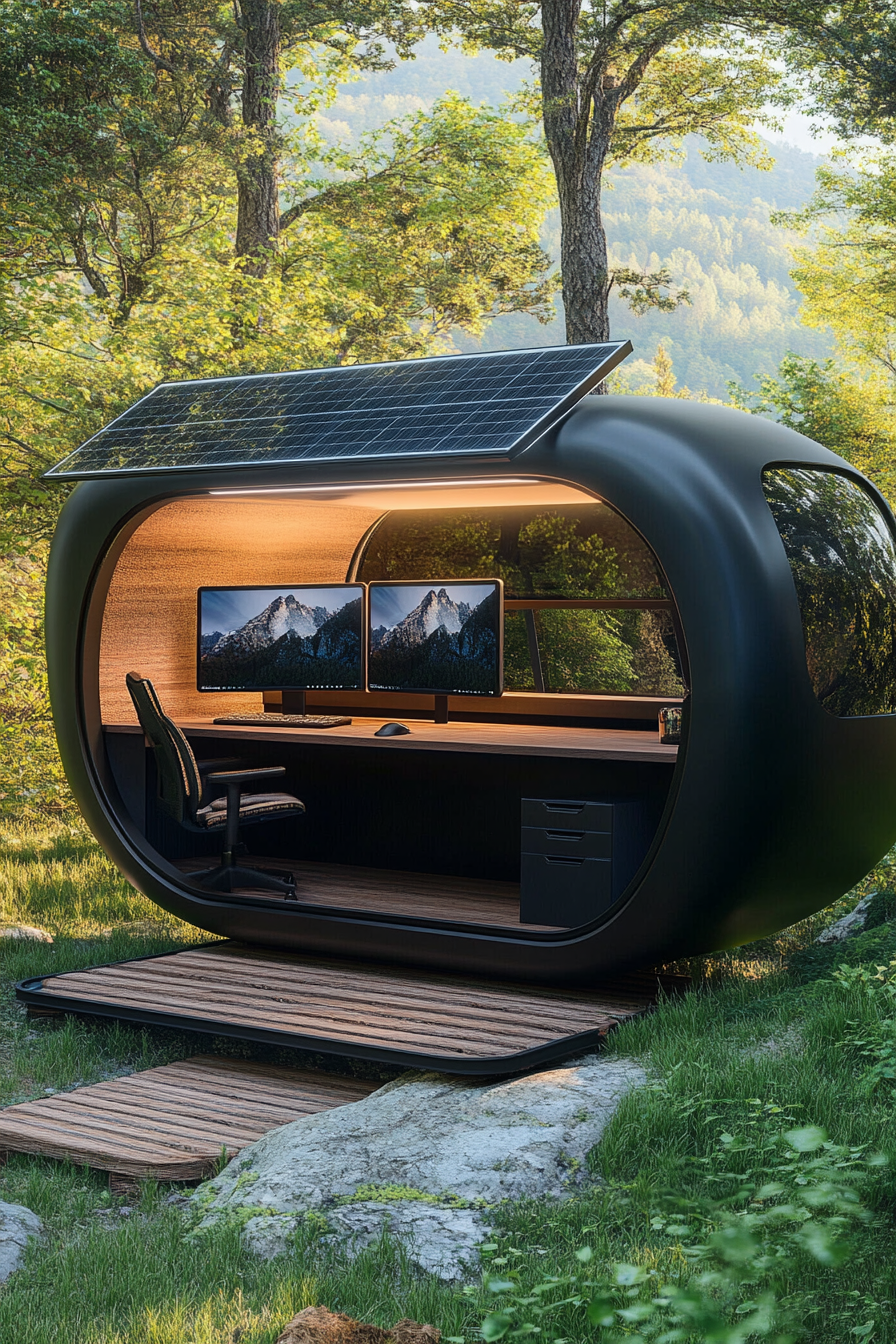 Alpine mobile office. Matte black exterior, solar panel roof, mahogany desk, dual curved monitors.