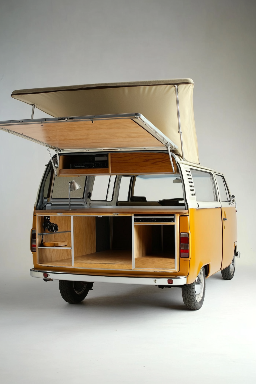 Mobile Space. Camper van, oak-topped table with editing unit, overhead storage, retractable awning.