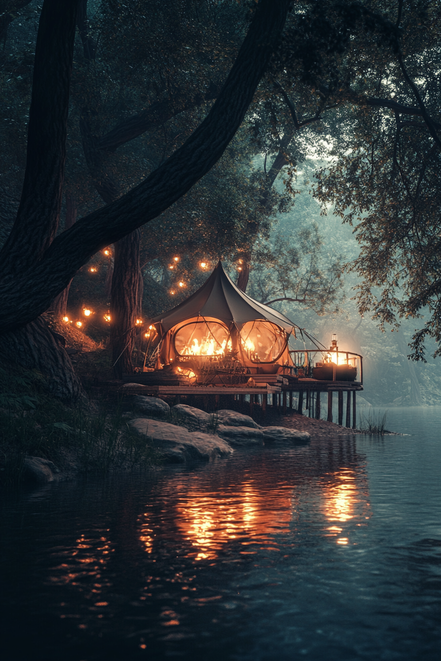 Riverside space. Tent platform overlooking the crisp water, glowing bonfire by the river.