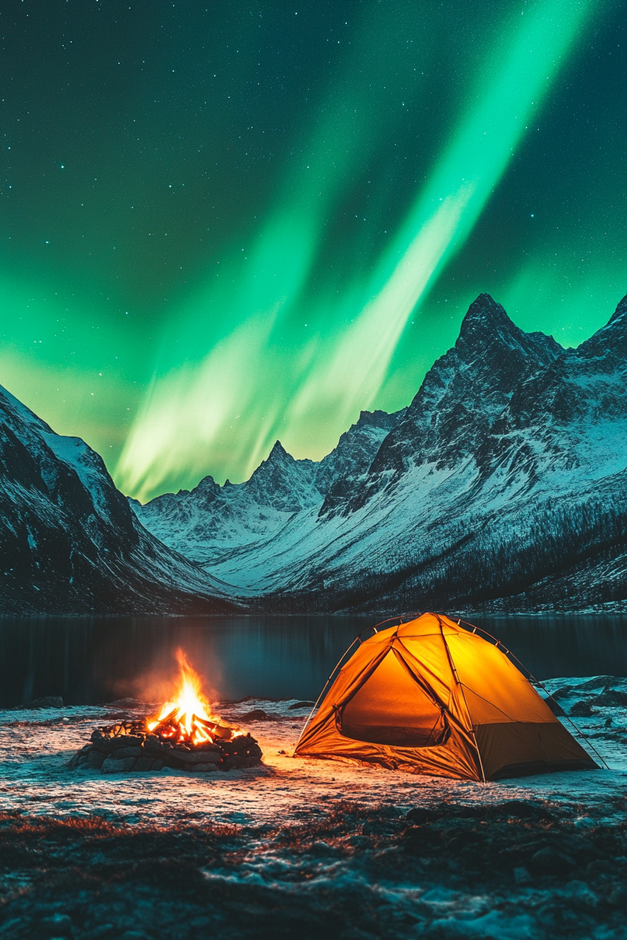 High alpine site. Aurora viewing tent near fire pit facing snowy mountain peaks.