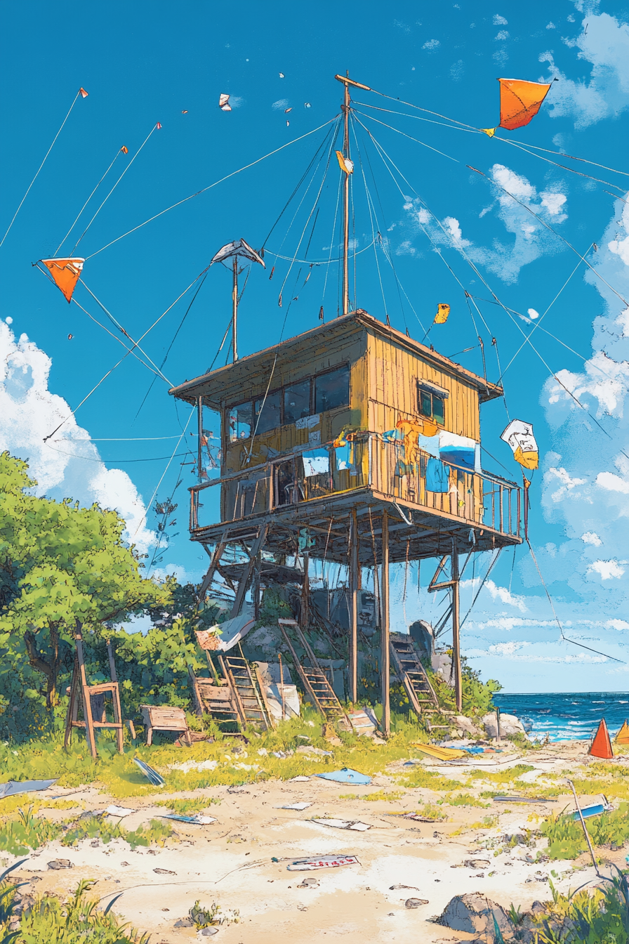 Adventure Launch Space. Kite repair station with clear skies.