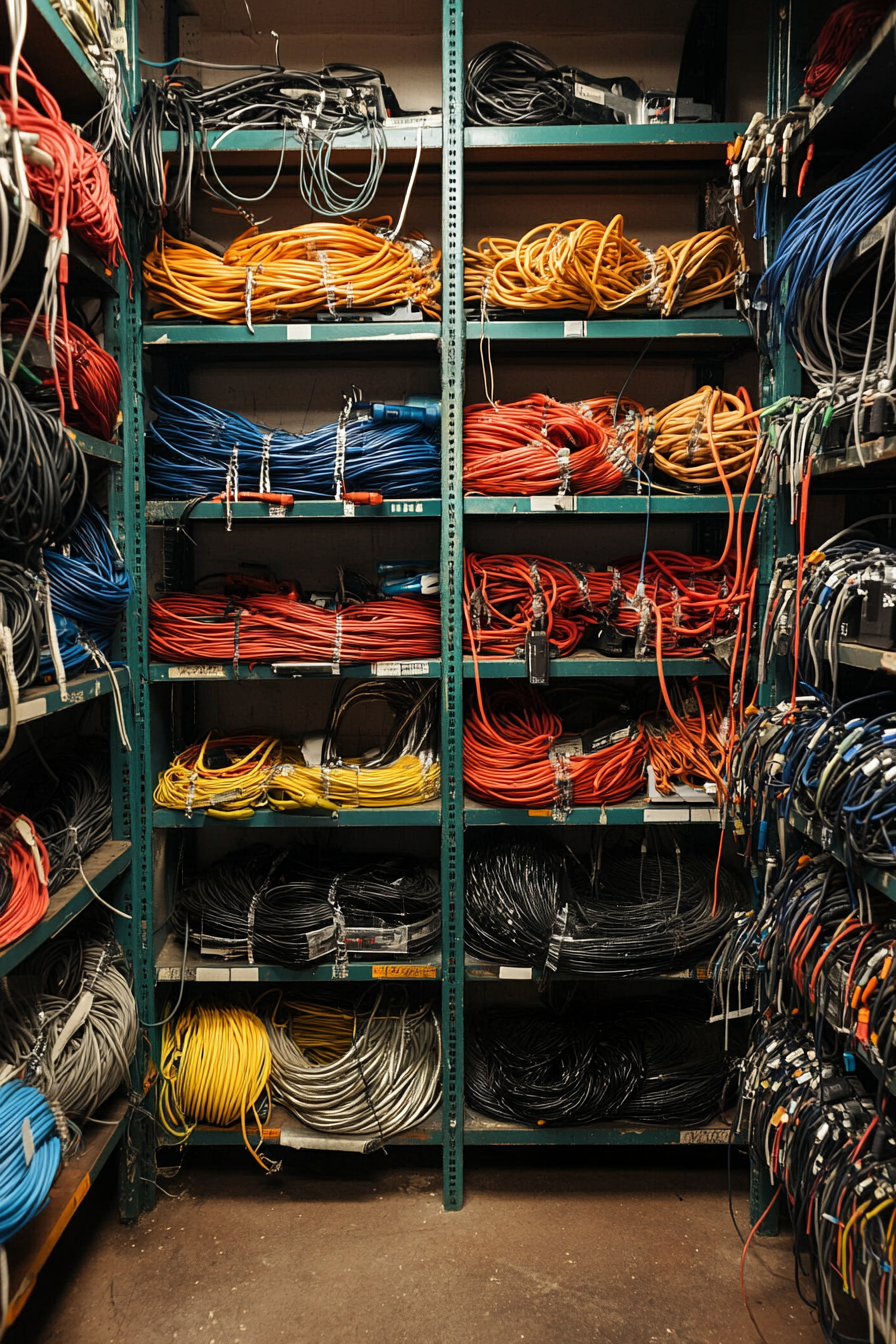 Technical support space. Shelves stacked with multicolored wires and metallic tools.