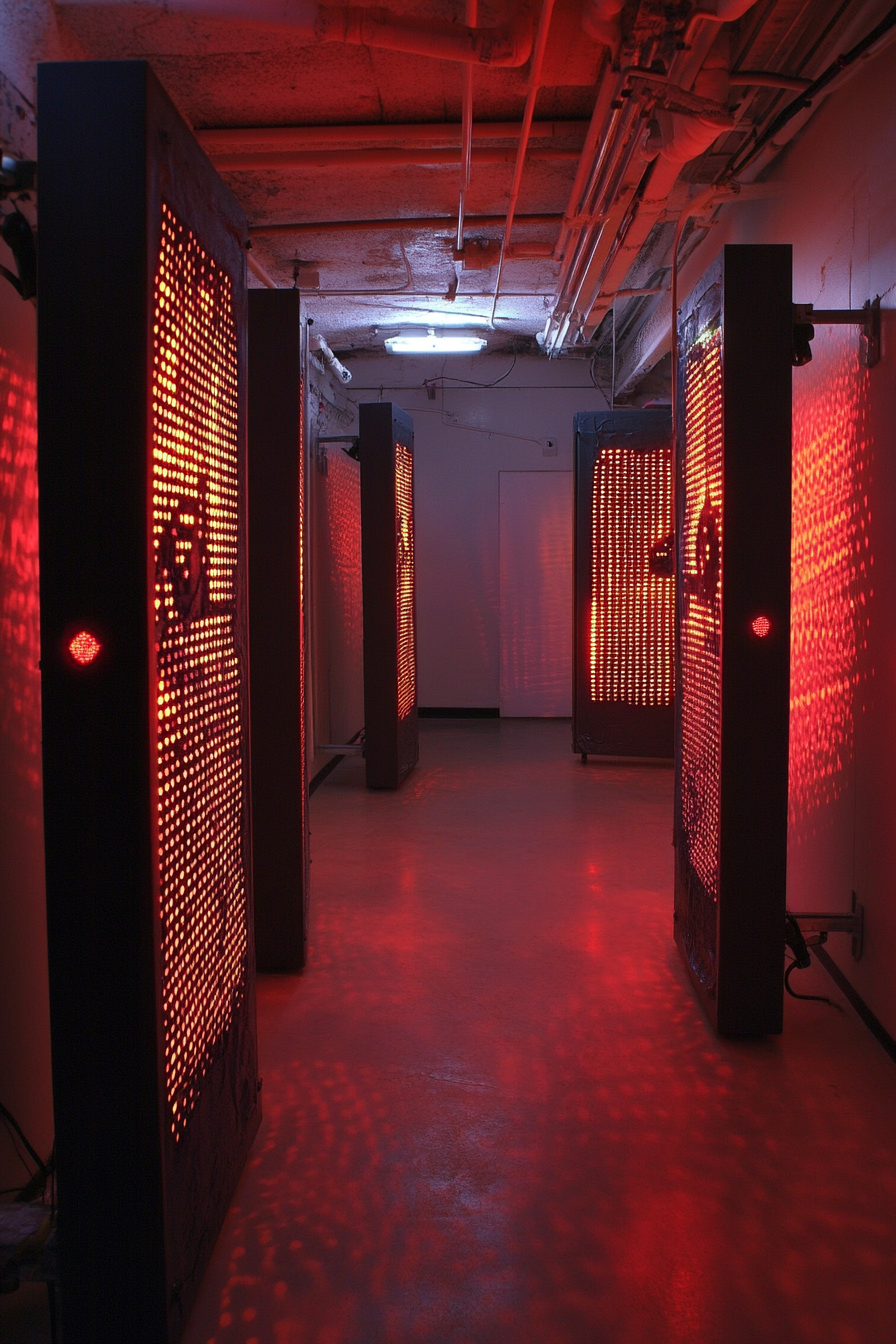 Performance space. Motion-censored oxygen monitoring system in dim-lit hallway.