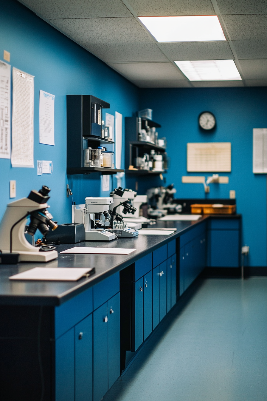 Coastal Research Space. Blue walls and long counters beladen with microscopes in wet lab.