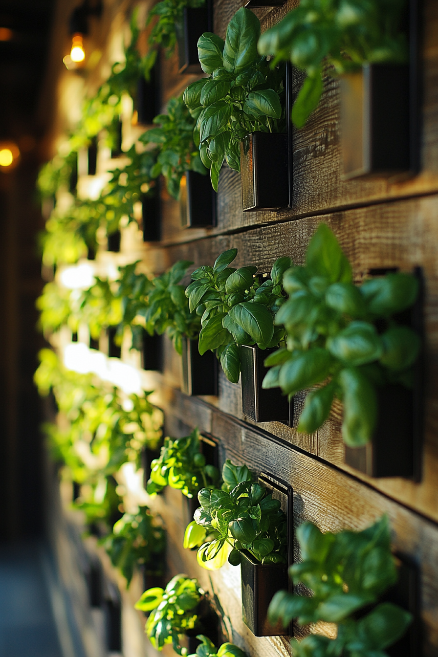 Community Cooking Space. Herb walls with vertical planters and fresh basil.