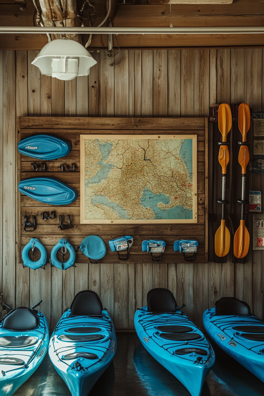 Water adventure space. Blue kayak racks, brown wooden wall-mounted map, first aid stations.