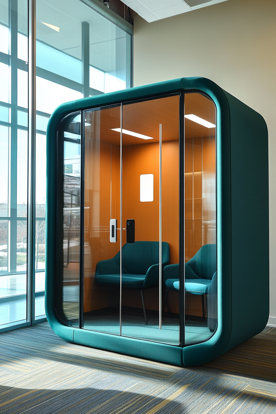 Community space. Quiet pod with teal accents and sound-proof glass panels.