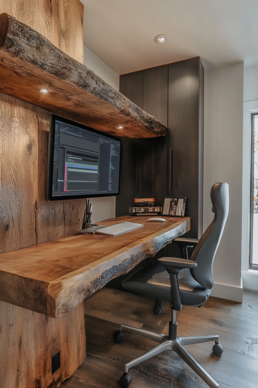 Creative mobile space. Editing bay featuring an overhanging rustic wooden desk with a modern, ergonomic chair.