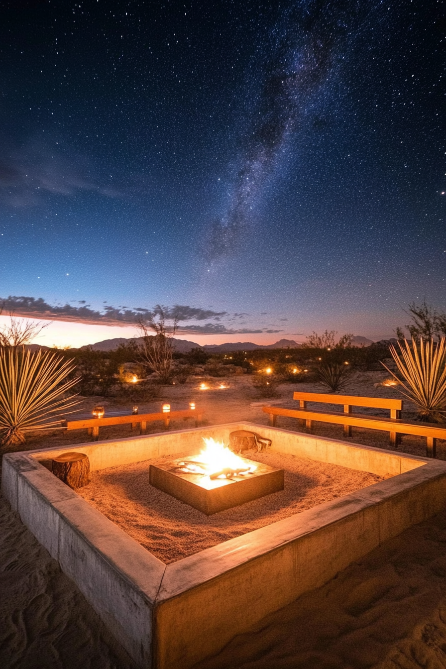 Palm Grove Space. Concrete fire pit, simple wooden seating, nearby desert spring under starry sky.