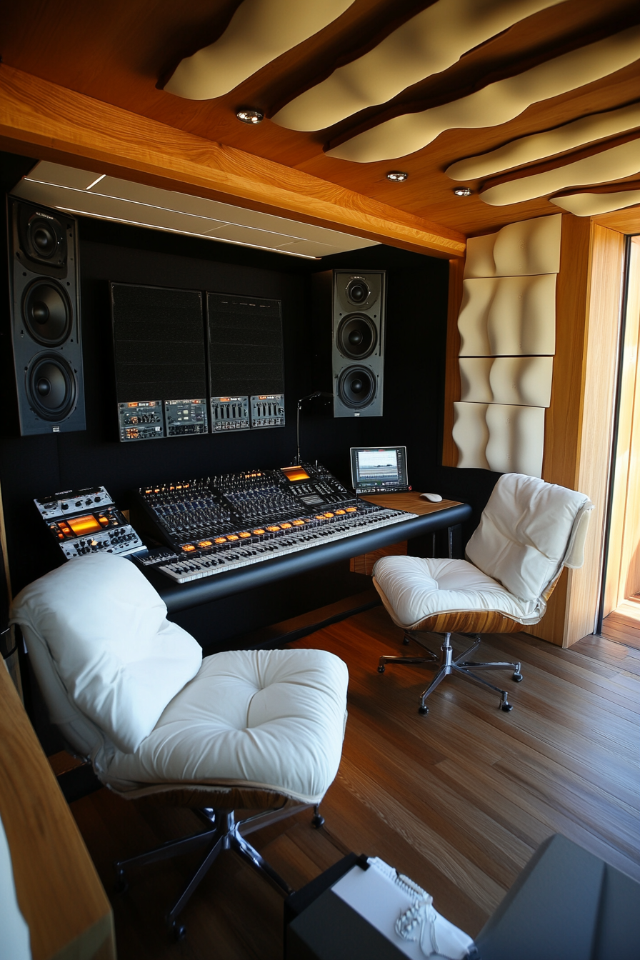 Mobile recording space. Black sound booth, white lounge chairs, wooden production deck.