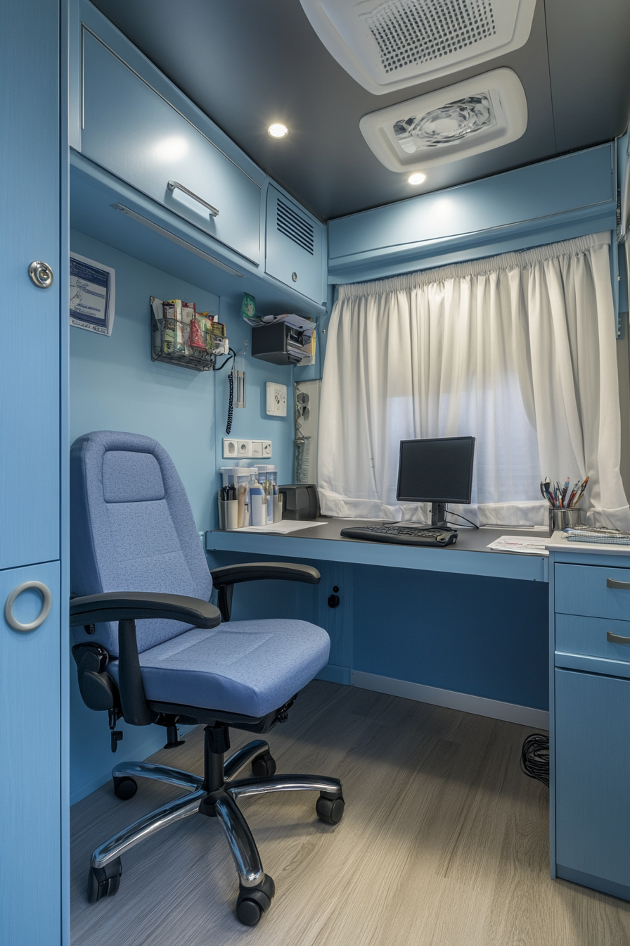 Therapy van space. Soft blue walls, private desk and chair, sound-proof curtain separating driver's area.