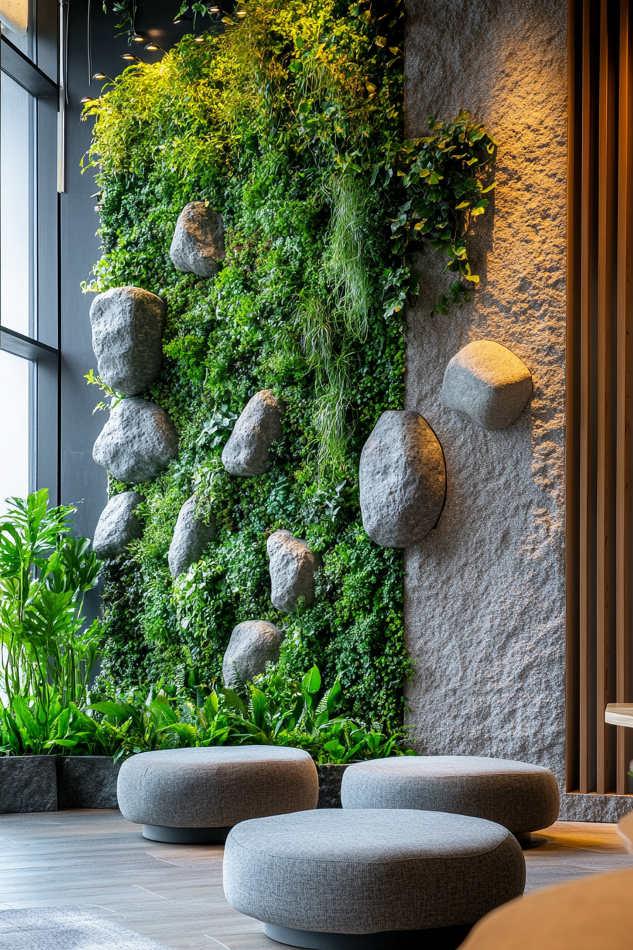 Wellness Escape Space. Indoor vertical garden with rock-shaped cushions for seating.