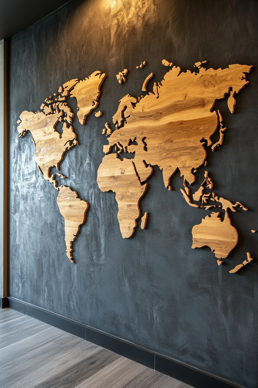 Mountain community space with wooden detailed world map on a charcoal grey wall.