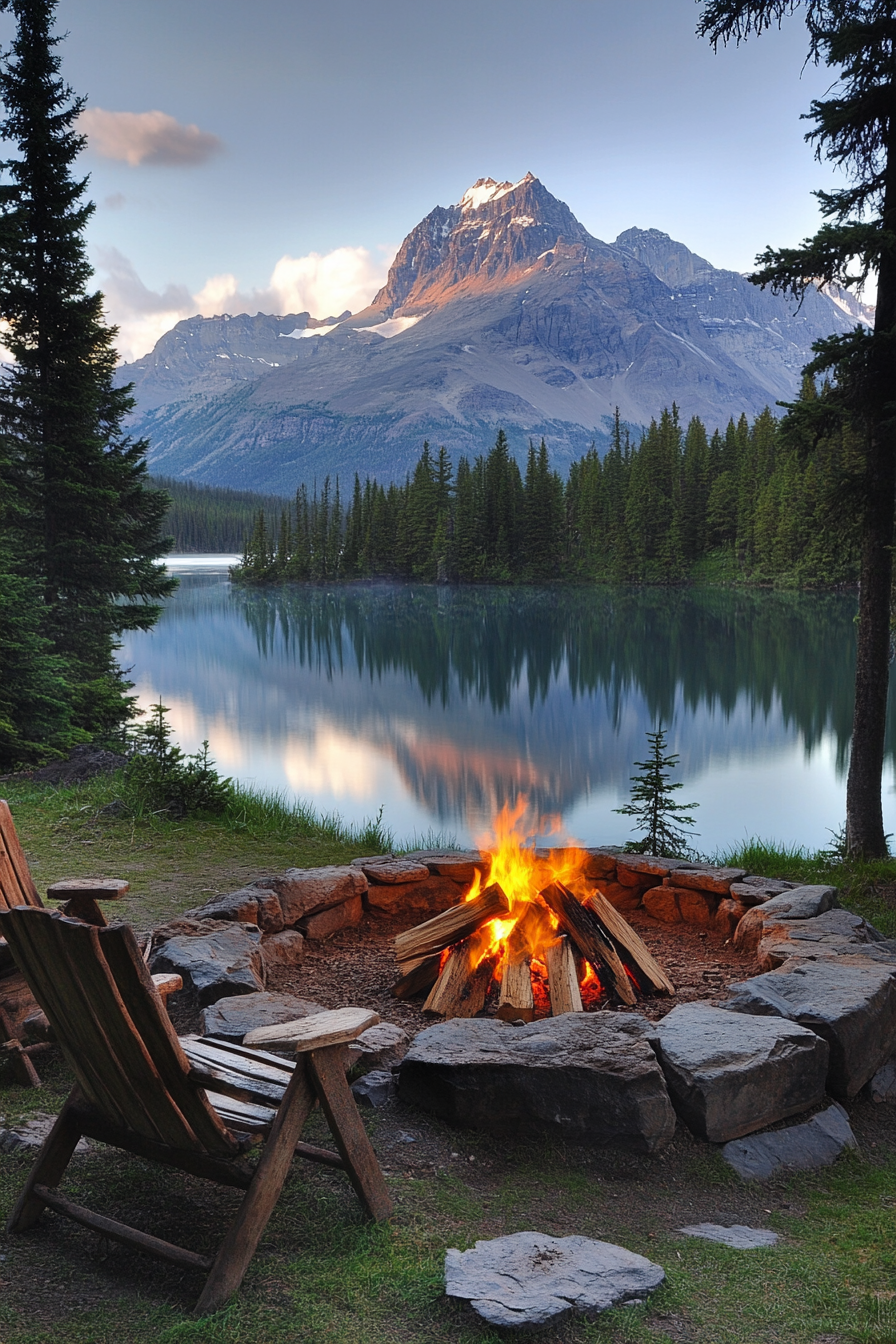 High Alpine Site. Wind-protected raised fire pit with glassy lake and majestic mountain vista.