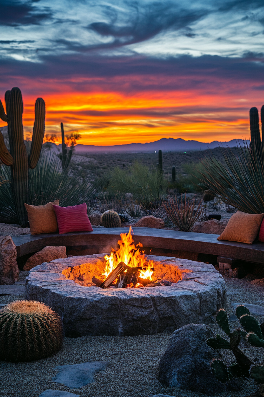 Palm Grove Space. Fire pit, nestled cacti, shimmering desert spring, sunset over sand dunes.