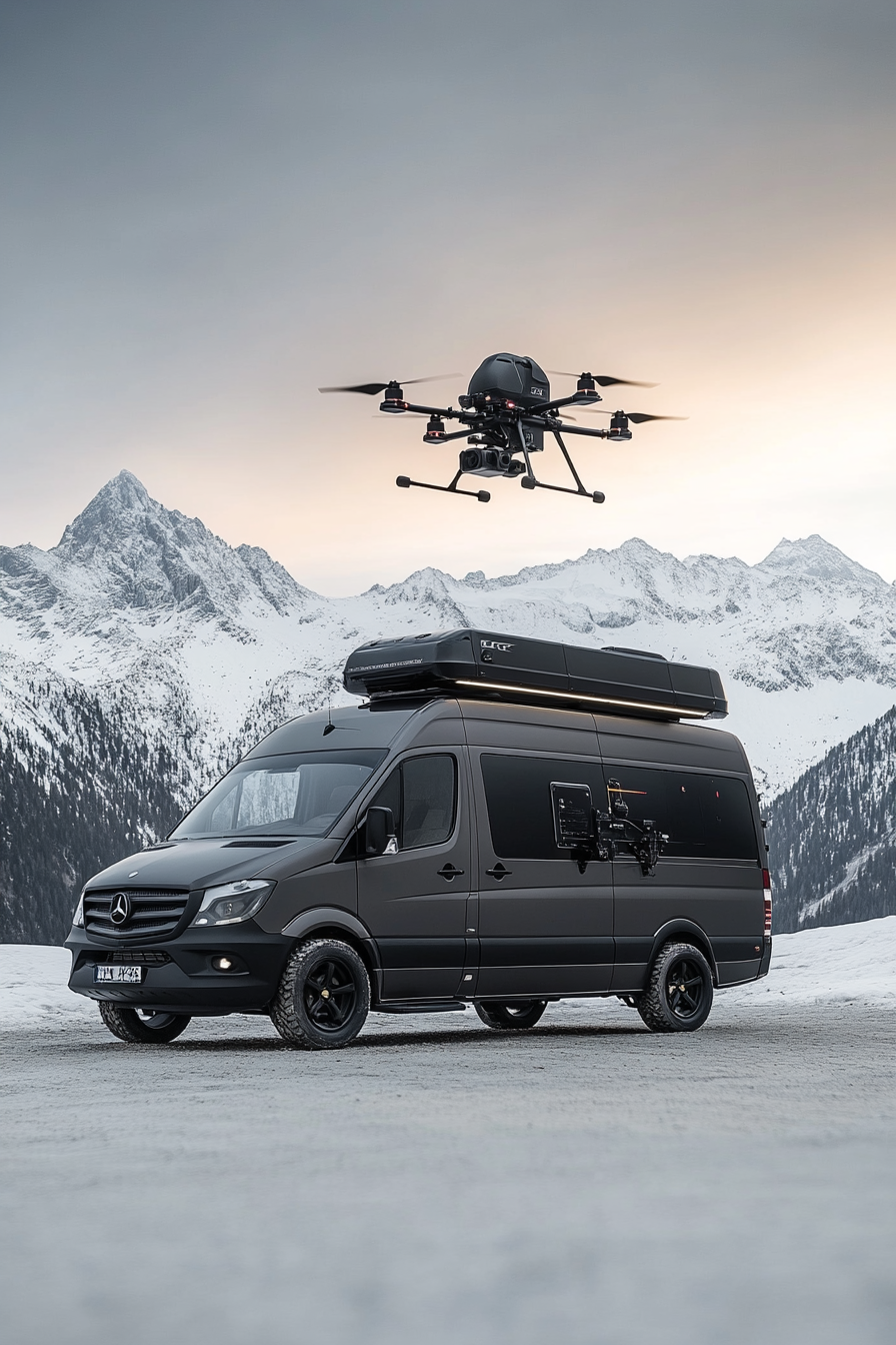 Alpine Mobile Space. Satellite topped van paired with matte black drone station.