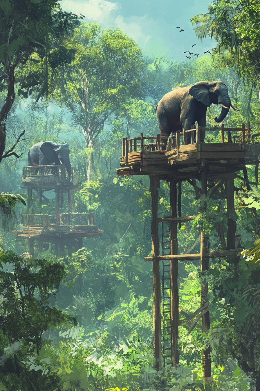 Jungle clearing. Elevated wooden platforms with mounted binoculars overlooking wild elephants.