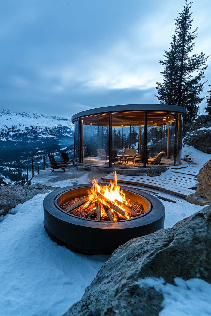 High Alpine Site. Windshielded fire pit, bespoke aurora gazebo, panoramic mountainurscape.