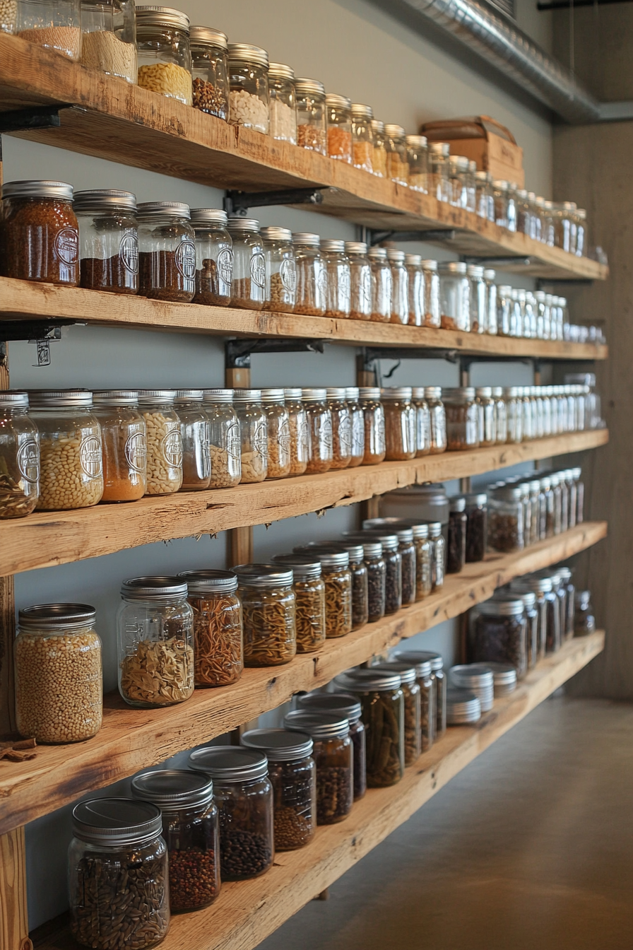 Community cooking space. Mason jar bulk storage on wooden shelving.