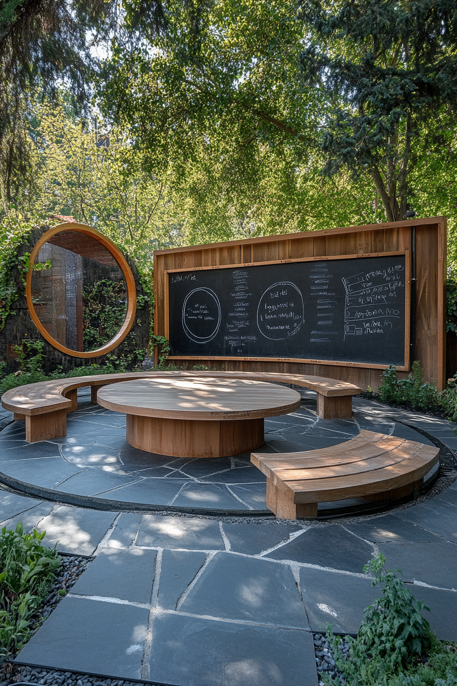 Community Learning Space. Chalkboards encircling an outdoor roundtable teaching zone.
