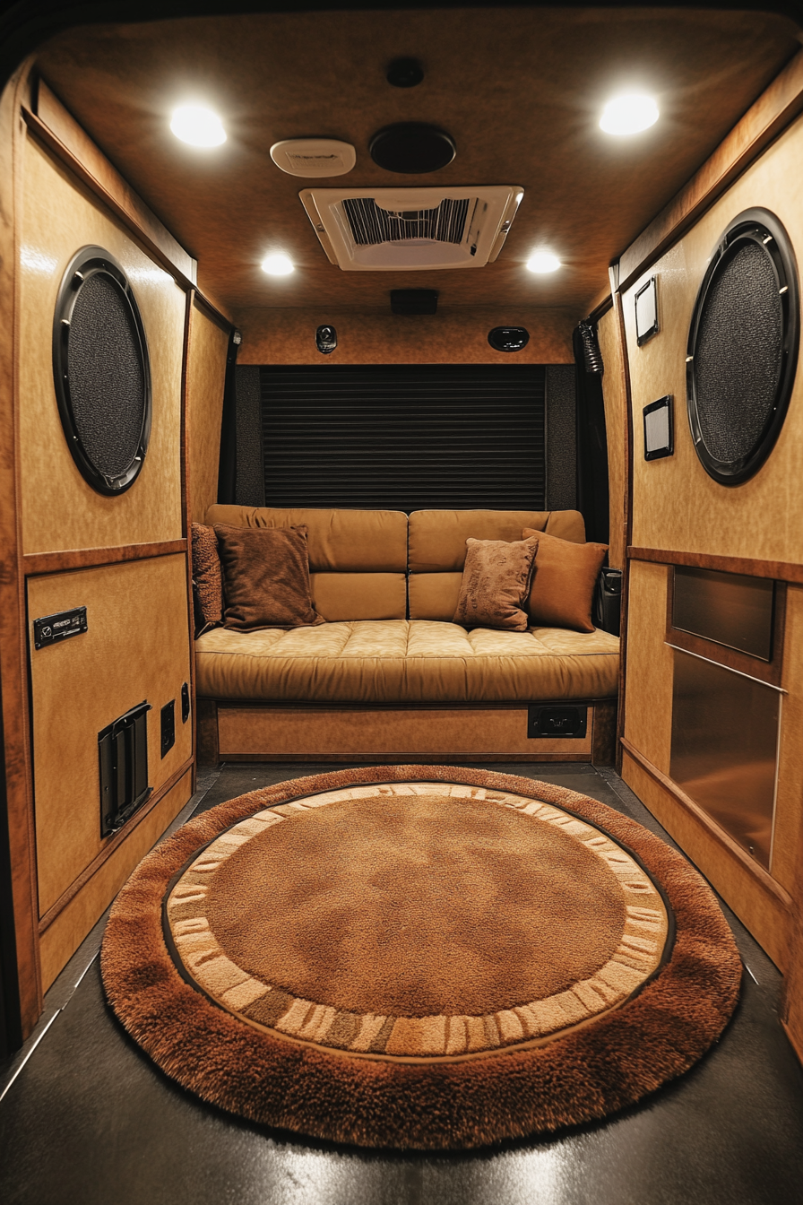 Therapy van. Earth tone modular interior, plush round area rug, laminated soundproof panels.