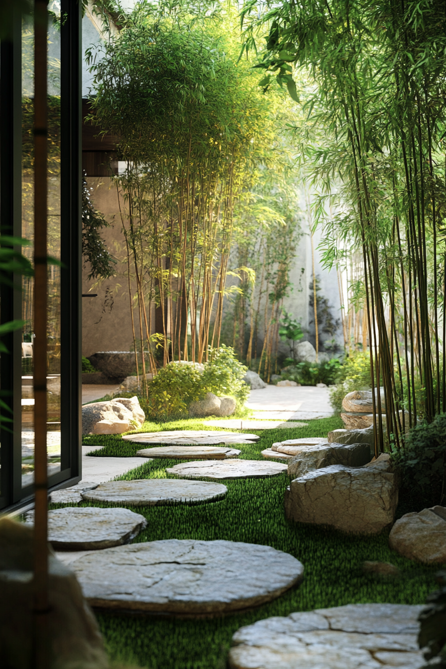 Wellness escape space. Stone garden with bamboo trees and grass mat meditation area.