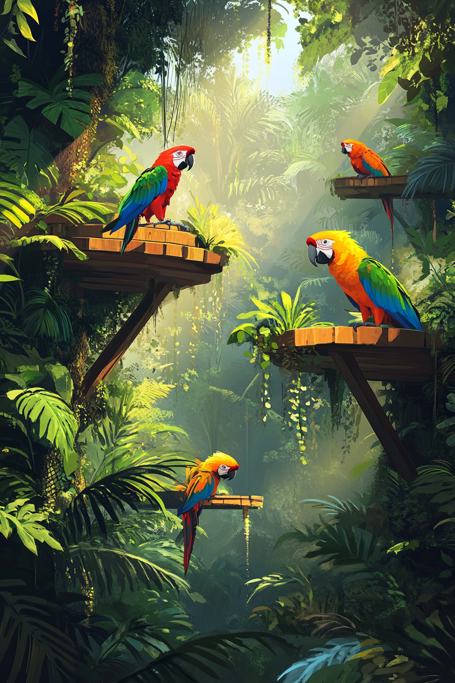 Jungle clearing space. Elevated wooden platforms amidst verdant foliage showcasing colorful parrots.