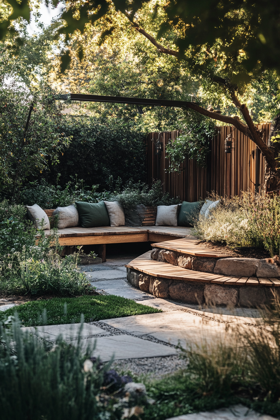 Wellness space. Tranquil garden with outdoor reading nook and rustic wooden benches.