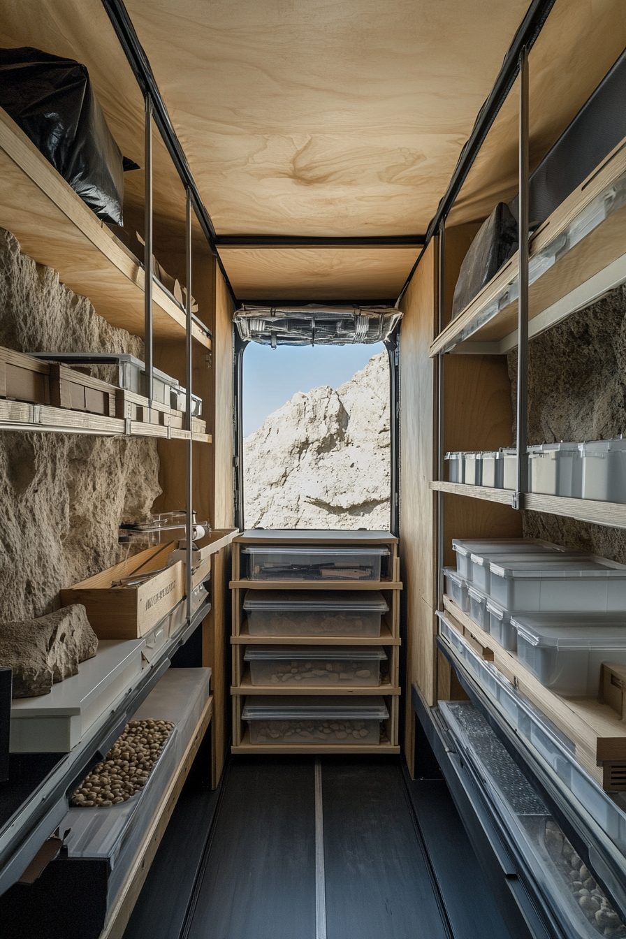 Research mobile space. Truck with built-in storage units for archaeological tools.