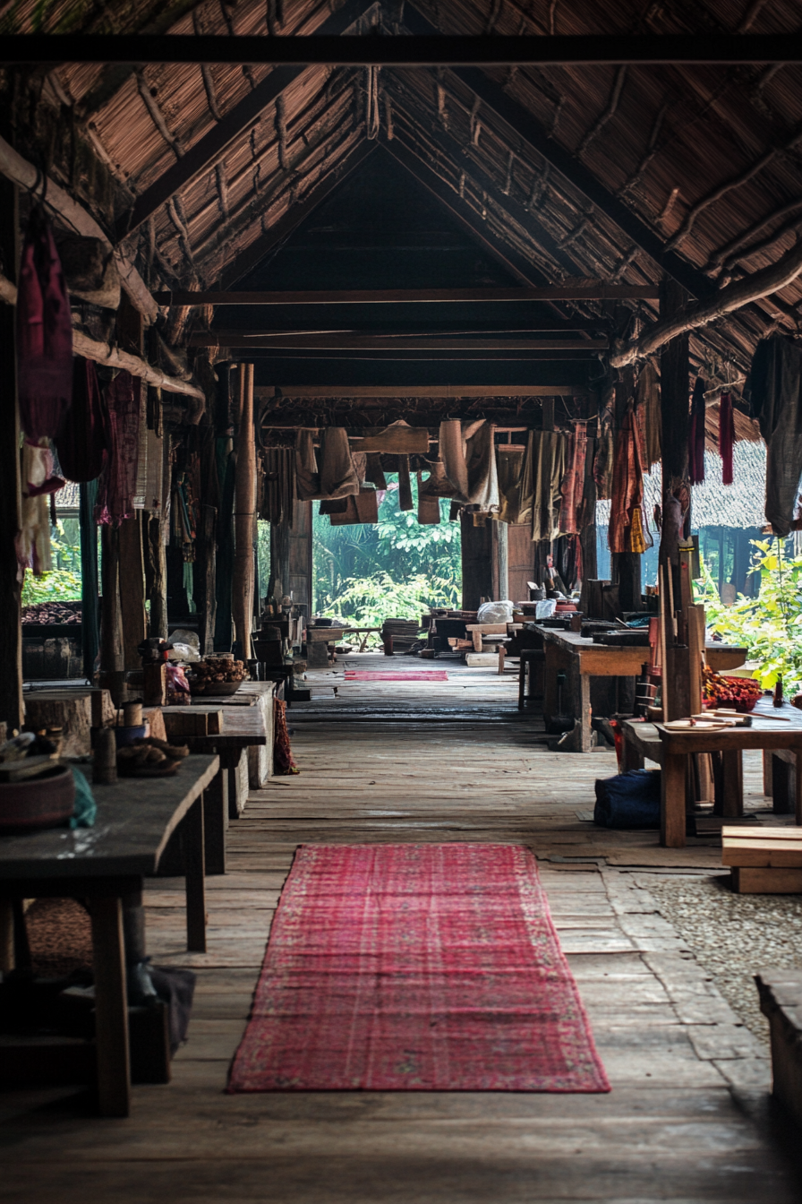Community living space. Traditional woodworking shop with maroon tools.