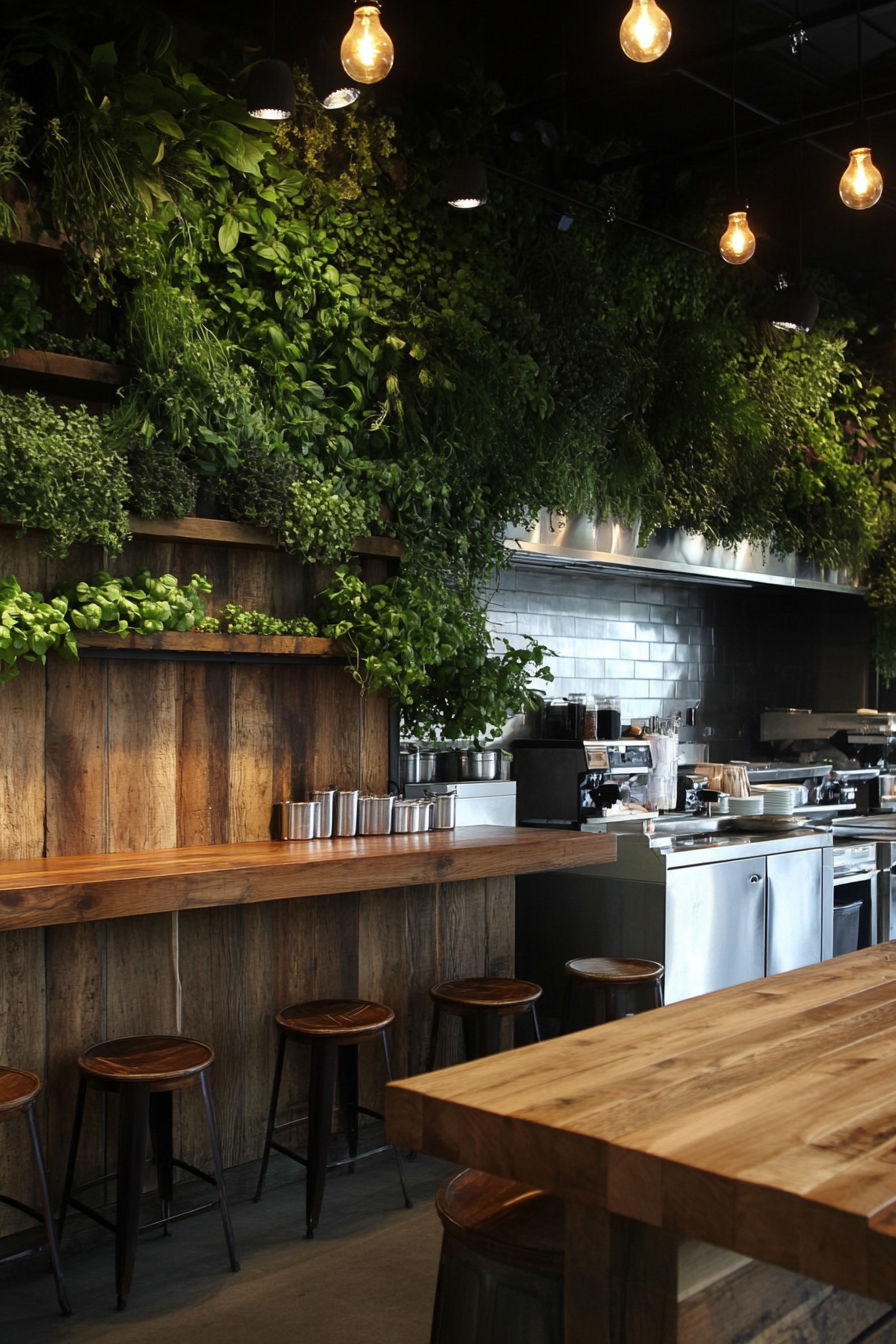 Community cooking space. Chunky wooden benches, stainless steel bulk storage, lush herb wall.