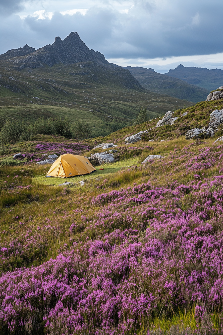 Highland campsite. Wind-protected tent pad, peak views, surrounded by blooming heather.