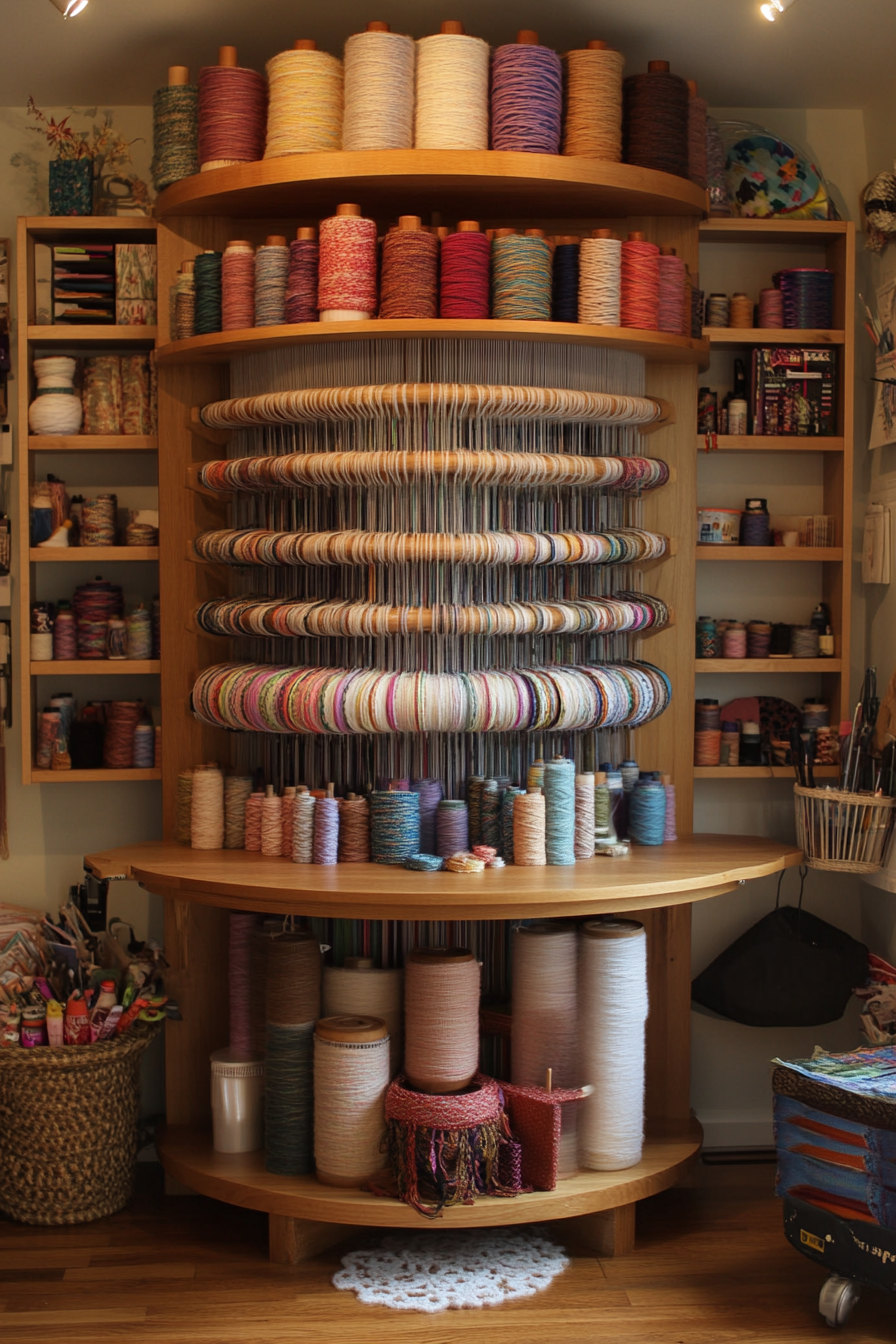 Creative Craft Space. Cylinder shaped vertical loom storage with hardwood shelves.