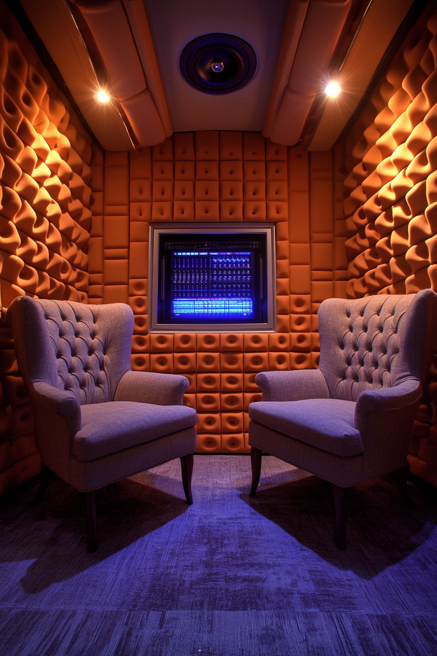 Mobile Recording Space. Molded acoustic foam panels, an isolation booth, two plush armchairs, holographic sound board.