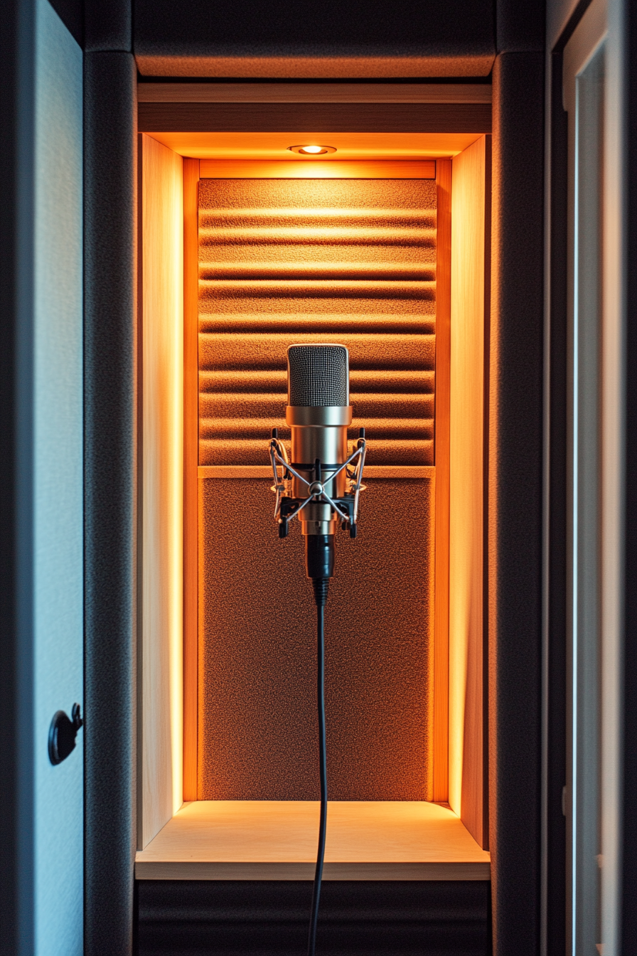 Mobile studio space. Acoustic foam adorned recording booth with titanium microphone.