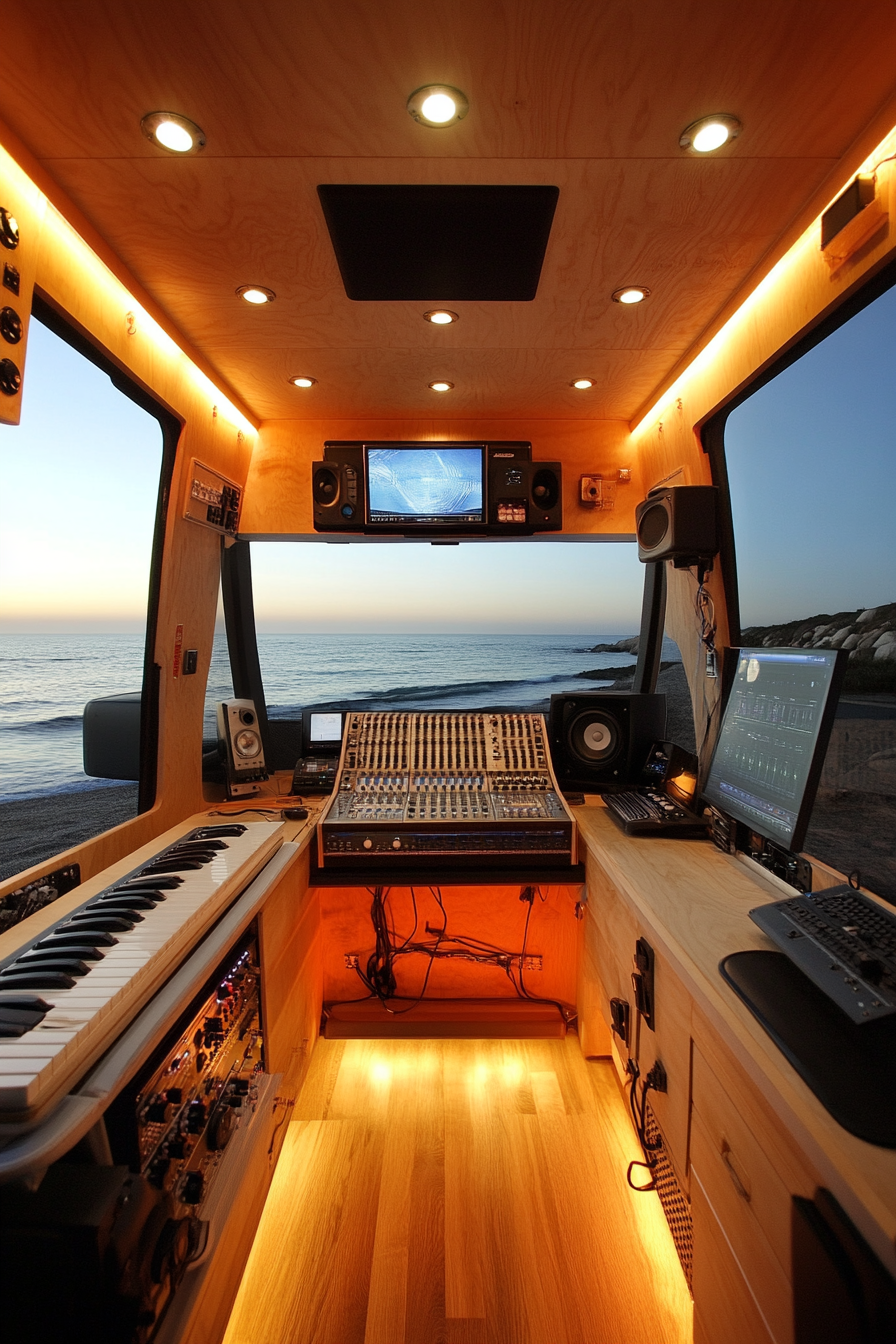 Mobile studio space. Suspended, acoustically insulated recording booth. Ocean backdrop.