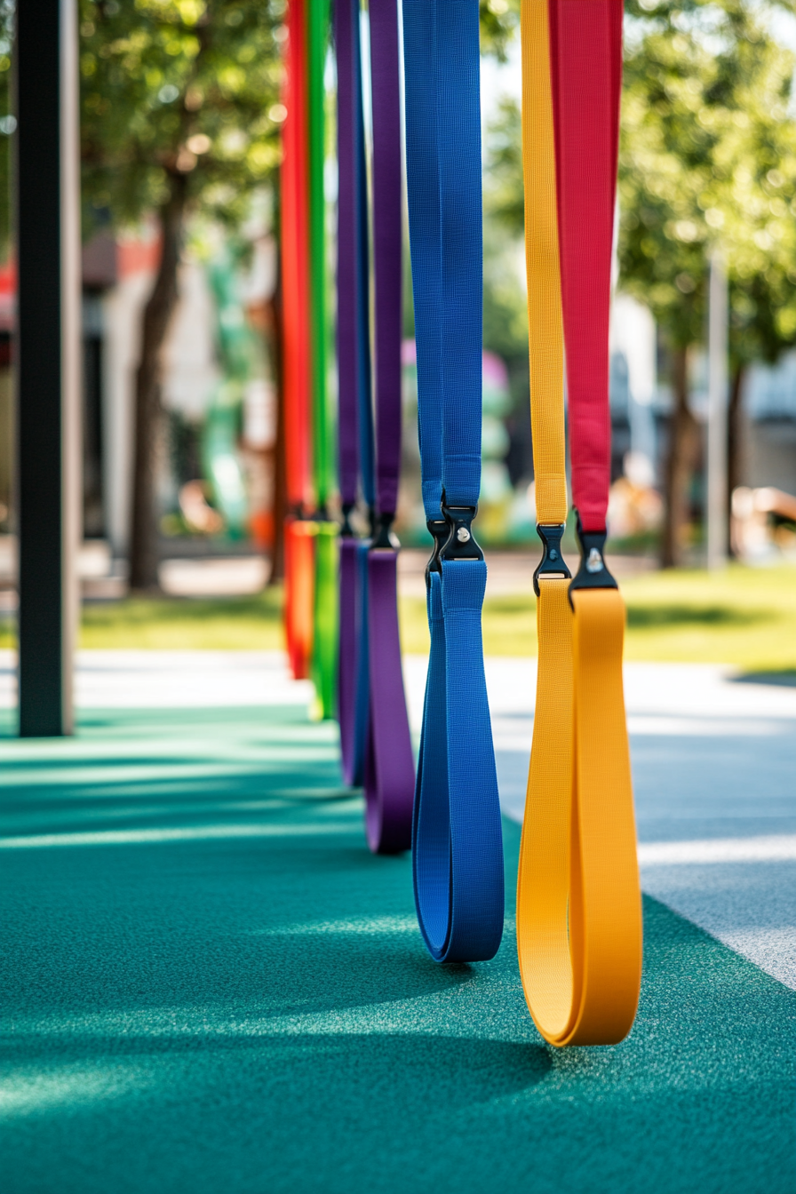 Fitness Community Space. Outdoor area holding different color resistance bands.