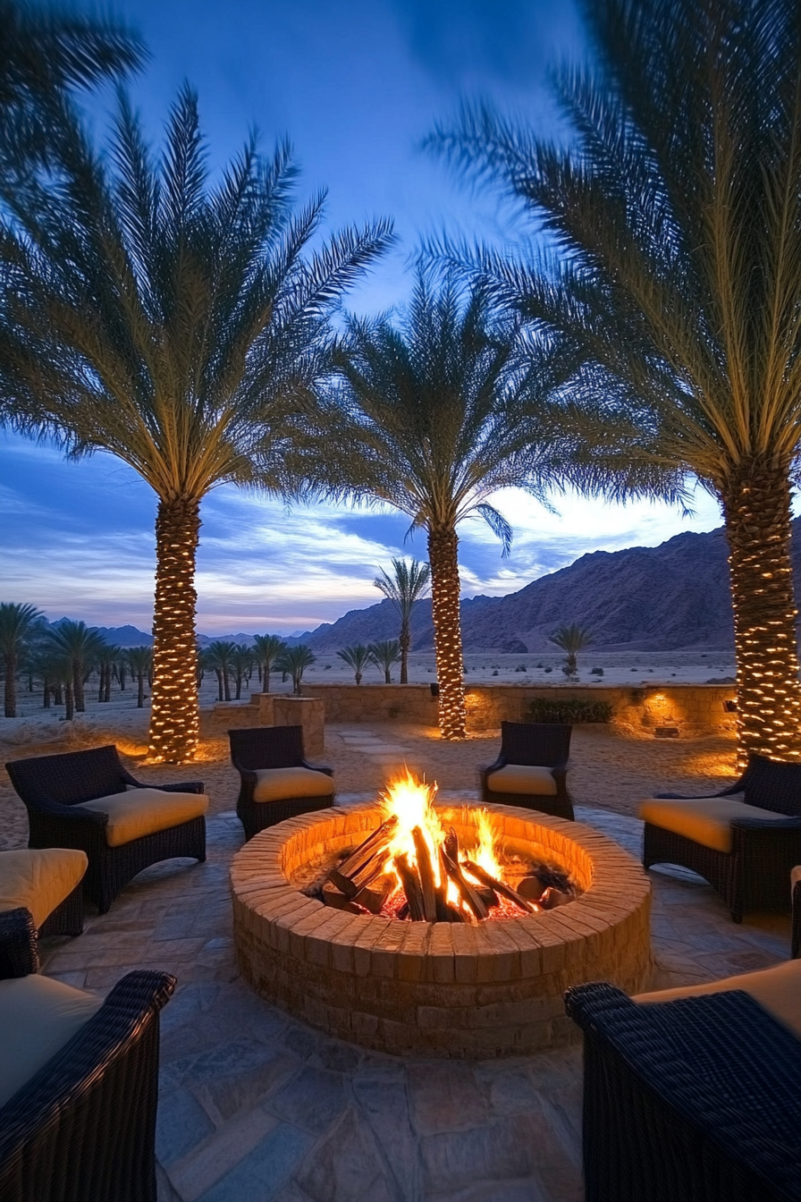 Palm Grove Space. Traditional fire pit facing desert dunes near a spring.