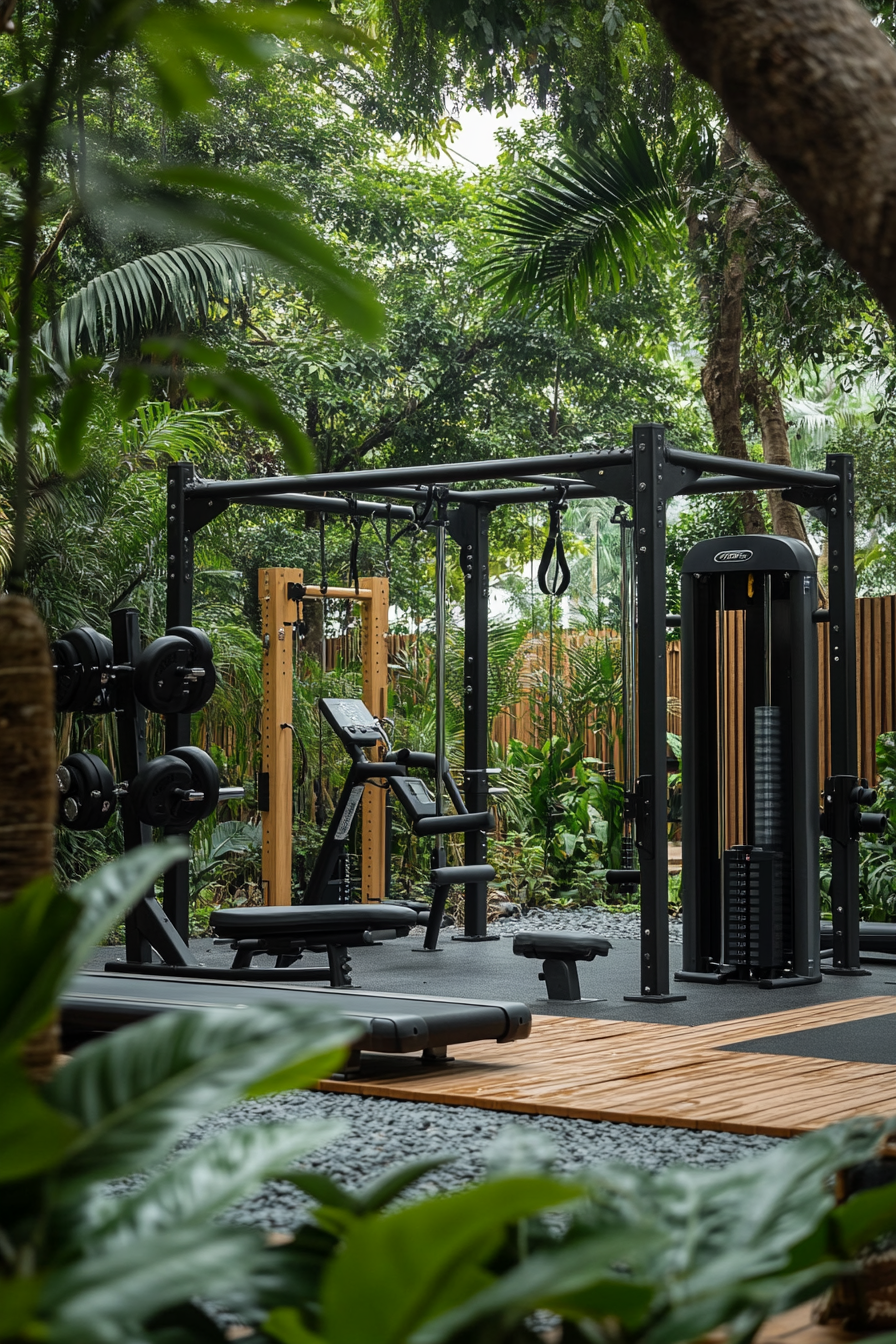 Fitness Community Space. Weather-resistant multi-gym setup amidst lush greenery.