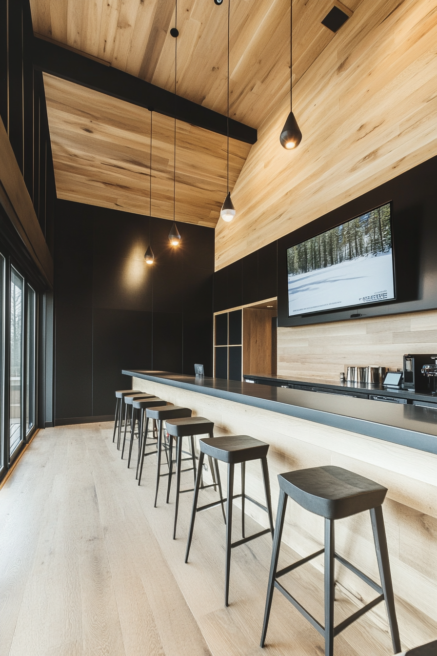 Mountain Community Space. Briefing area with high stools and a flatscreen for group announcements.