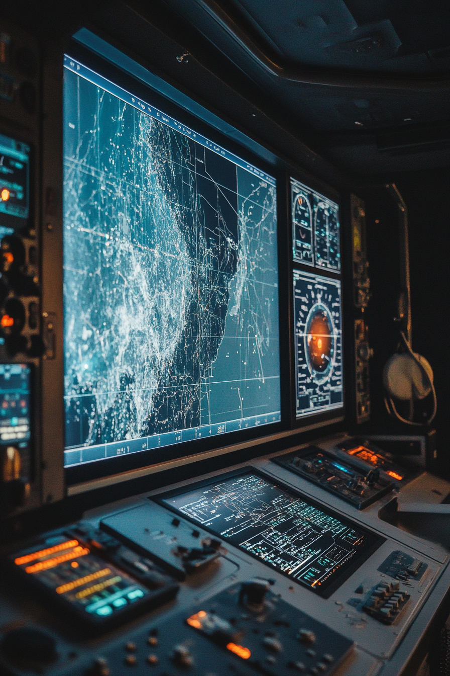 Coastal analysis space. Weather control panel, topographic map, panoramic window view of sea.
