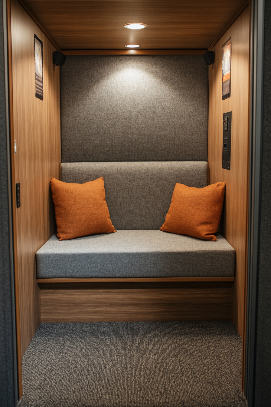 Therapy Van Space. Private seating area with earth-toned ambient decor, thick grey soundproof paneling.