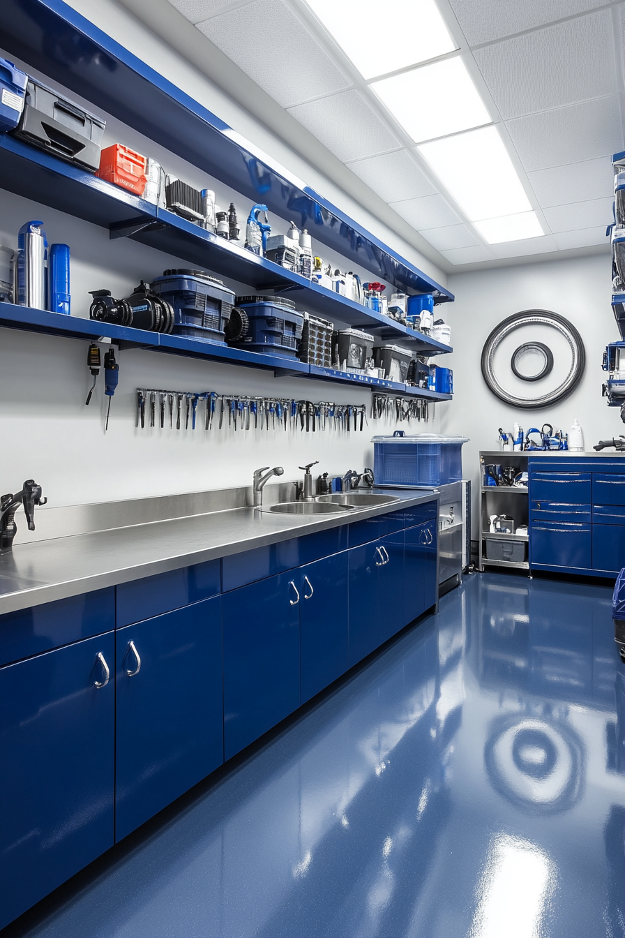 Technical support space. Epoxy walls embedded with repair tools, stainless steel wash station, detailed parts shelving.