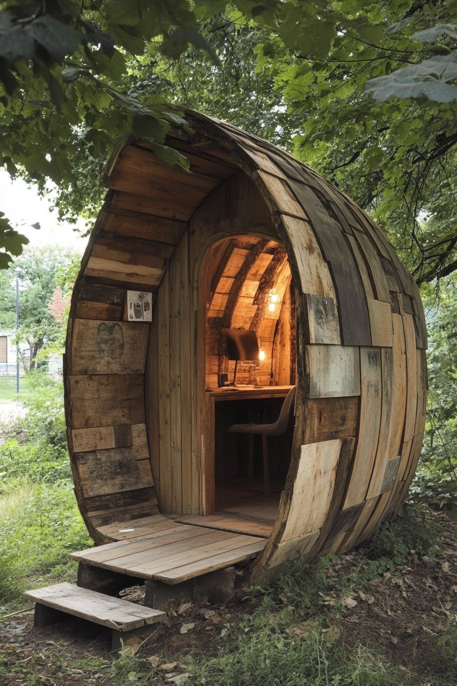 Creative community space. Studio pod made of reclaimed wood.