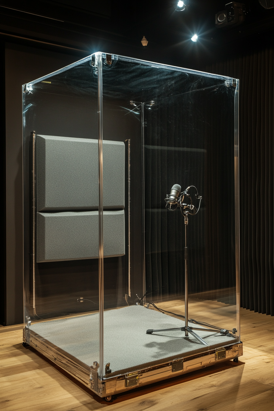 Mobile studio space. Crystal clear acrylic vocal booth with grey sound-proof foam.