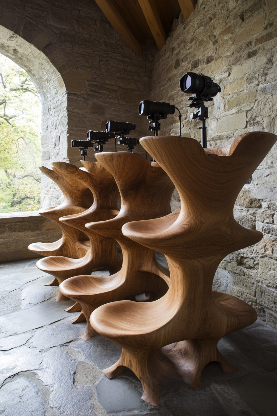 Nature observation space. Oak nesting chairs with telescopic camera mounts.