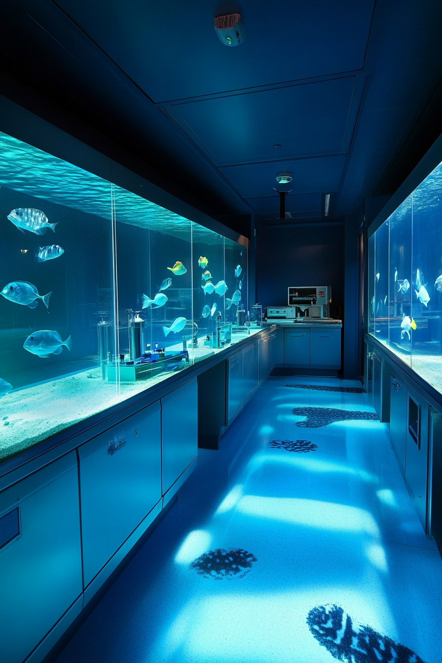 Coastal research space. Underwater-themed wet lab with glass aquaria walls.