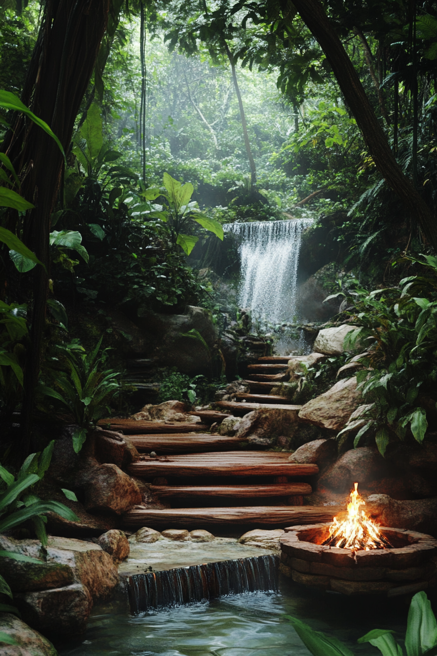 Jungle clearing space. Log platforms over subtle waterfall with protected fire pit. Wildlife spotting.